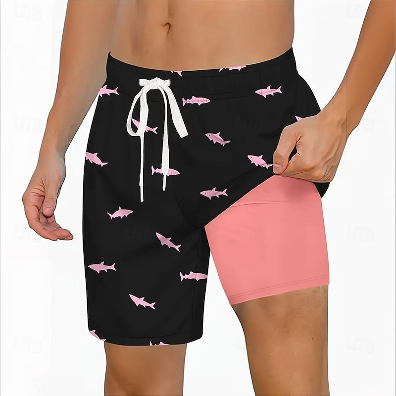 Men's Shark Sea Creatures Lined Shorts 2 in 1 Board Shorts Swim Shorts Mid Waist Hawaiian Vacation Holiday Beach Wear Side Pockets With Compression Liner Elastic Drawstring Waist Designer Clothing
