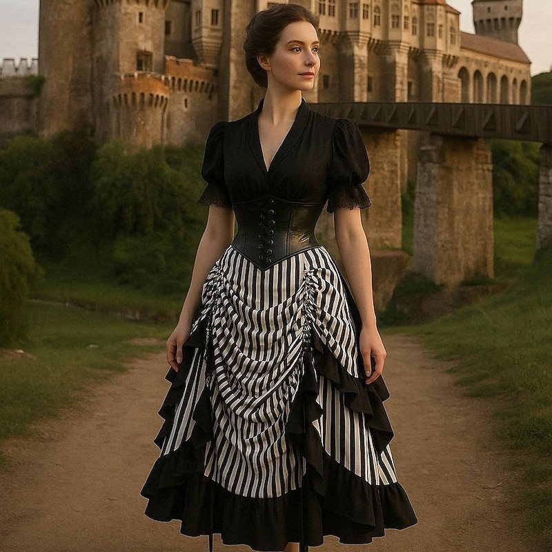 Retro Vintage Renaissance Steampunk Asymmetrical Dress Corset Outfits Pirate Stripes A-Line Fancy Dress Women's Pirate Royal Halloween Carnival Party LARP Ren Faire Adults' Top Skirt Corset All