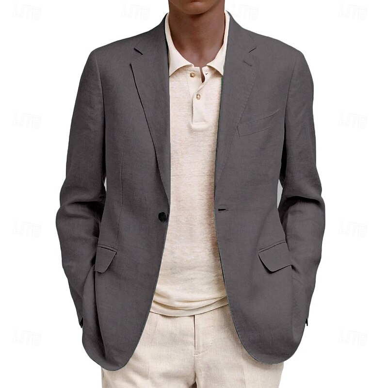 Men's Linen Blazer Sport Coat Notch Collar Fashion Solid Colored Blazer Lake blue Black Navy Blue Standard Fit Single Breasted One-button4