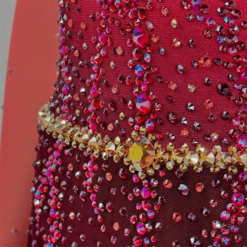 Figure Skating Dress Women's Girls' Ice Skating Dress Black Red Thumbhole Asymmetric Hem Mesh High Elasticity Training Competition Skating Wear Classic Crystal / Rhinestone Long Sleeve Ice Skating4