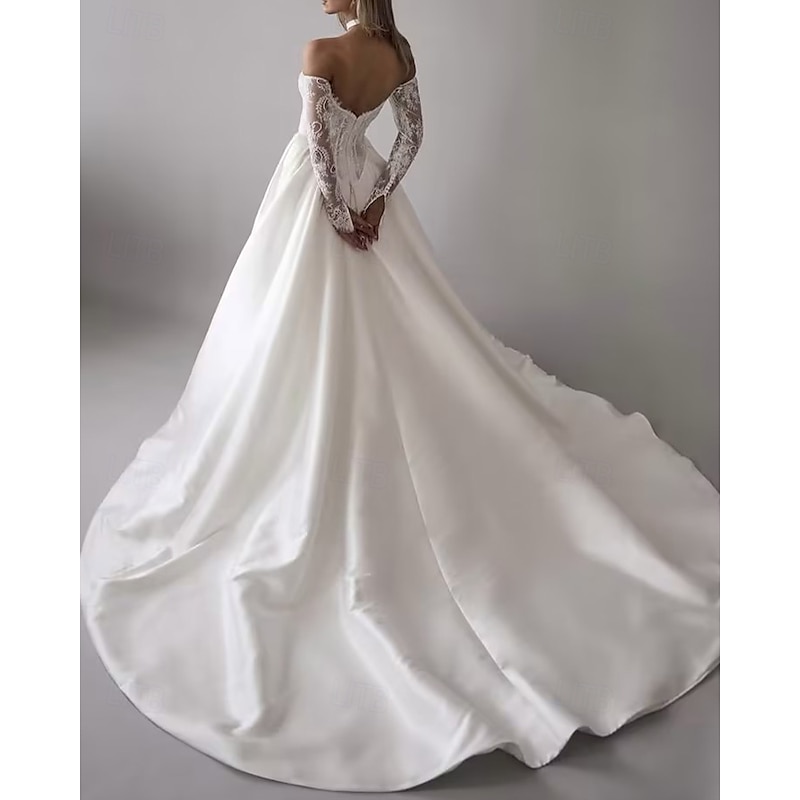 Bustier Drop Wait Wedding Dresses Ball Gown Off Shoulder With Detachable Sleeve Chapel Train Satin Bridal Gowns With Floral Lace Applique4