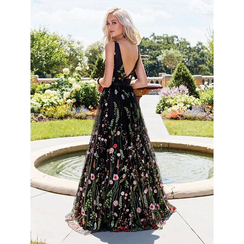 A-Line Quinceanera Dresses Elegant Dress Wedding Wedding Guest Floor Length Sleeveless V Neck Polyester Backless with Floral Print Pleats2