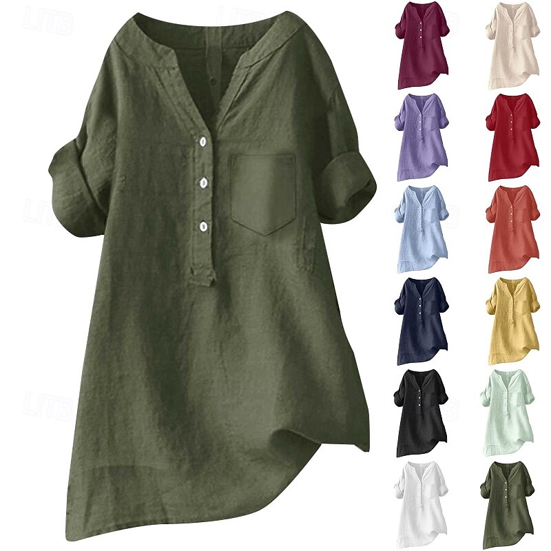Women's Shirt Cotton Linen Shirts Blouse Plain Modern Casual Long Sleeve V Neck Regular Tops Daily Holiday Going out Buttons Pocket Black White Army Green Beige Summer