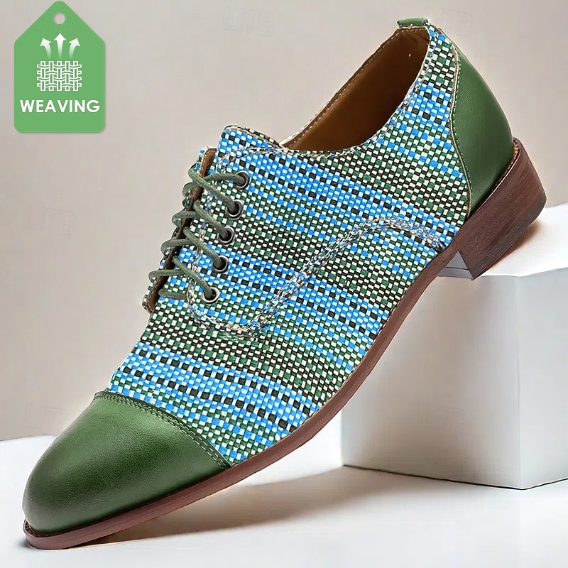Men's Green and Blue Handwoven Oxford Shoes – Casual Artistic Lace-Up Shoes for Summer and Weekend Gatherings