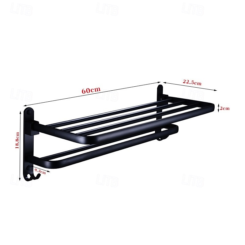 Aluminum Alloy Towel Holder Storage Organizer Shelf Wall Mounted Folding Towel Rack Bathroom Accessories, Black3