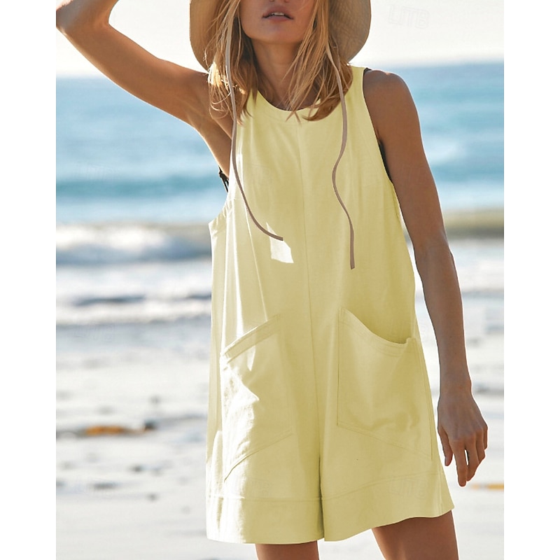 Women's Normal  Dungarees Romper Streetwear Solid Color Sleeveless Crew Neck Pocket Street Daily Regular Fit Black Yellow Pink Summer