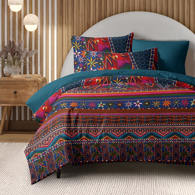 Mexican Pattern Duvet Cover Set 100% Cotton Soft and Breathable Bedding Featuring Tropical Parrot Lightweight and Durable Quilt Cover Comfortable for All Seasons Easy to Care