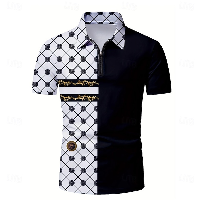 Men's Male Graphic Zip Polo Short Sleeve Turndown Modern Casual / Sporty Sports & Outdoor Athleisure Casual Daily 3D Print Summer Black-white2