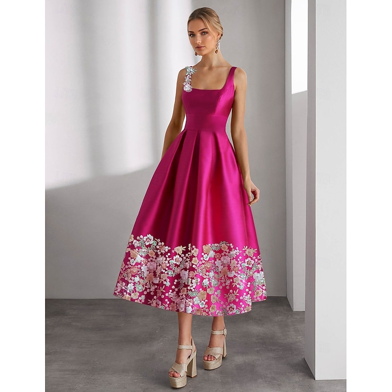 Formal Floral A-Line Cocktail Dresses Elegant Dress Wedding Guest Ankle Length Sleeveless Boat Neck Pocket Satin with Floral Print Embroidery Pocket Dresses4