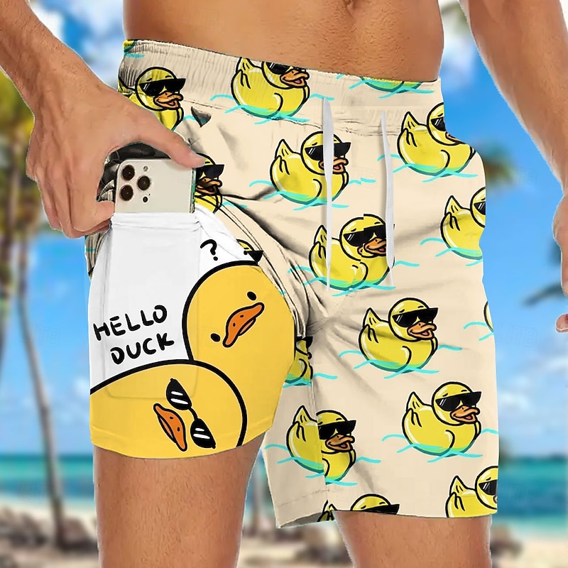 Men's Letter Printed Funny Duck Lined Shorts 2 in 1 Board Shorts Swim Shorts Mid Waist Hawaiian Vacation Holiday Beach Wear Side Pockets With Compression Liner Elastic Drawstring Waist Designer