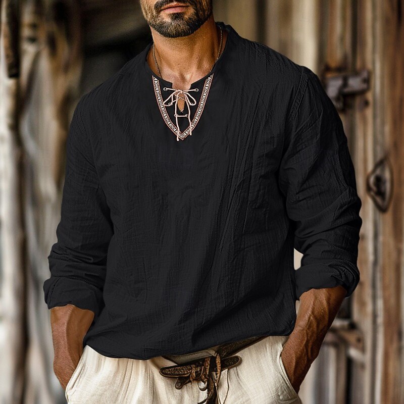 Men's Shirt Linen Shirt Viking Style Summer Shirt Beach Wear Pirate Shirt Solid Color Vacation Casual Black Navy Blue Sky Blue Green Long Sleeve Collarless Summer Spring Clothing Apparel Patchwork