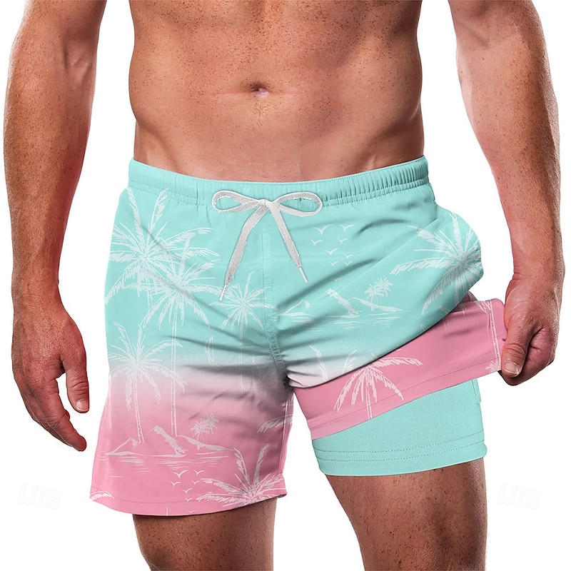 Men's Coconut Tree Tropical Gradient Color Lined Shorts 2 in 1 Board Shorts Swim Shorts Mid Waist Hawaiian Vacation Side Pockets With Compression Liner Elastic Drawstring Waist Designer Clothing