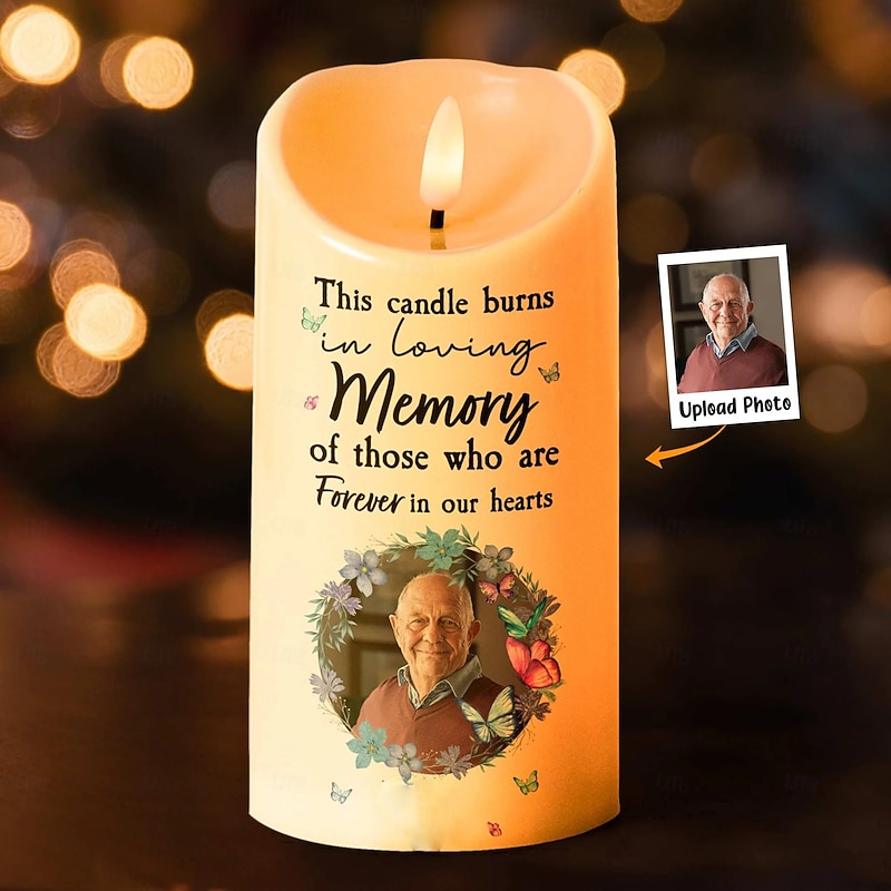 Personalized Memorial LED Candle Custom Photo Sympathy Gifts For Loss Of Loved Ones, This Candle Burns In Loving Memory Elegant Keepsake Light for Bedroom Home Decor Tribute Display