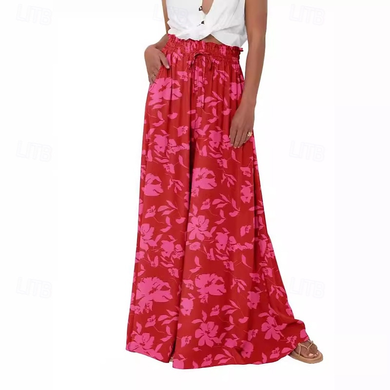Women's Culottes Wide Leg Slacks Pants Trousers Casual Boho Full Length Natural Flower Pocket Elastic Waist Printing Comfy Outdoor Holiday Casual Daily Weekend Magenta White Blue Green Summer Regular2
