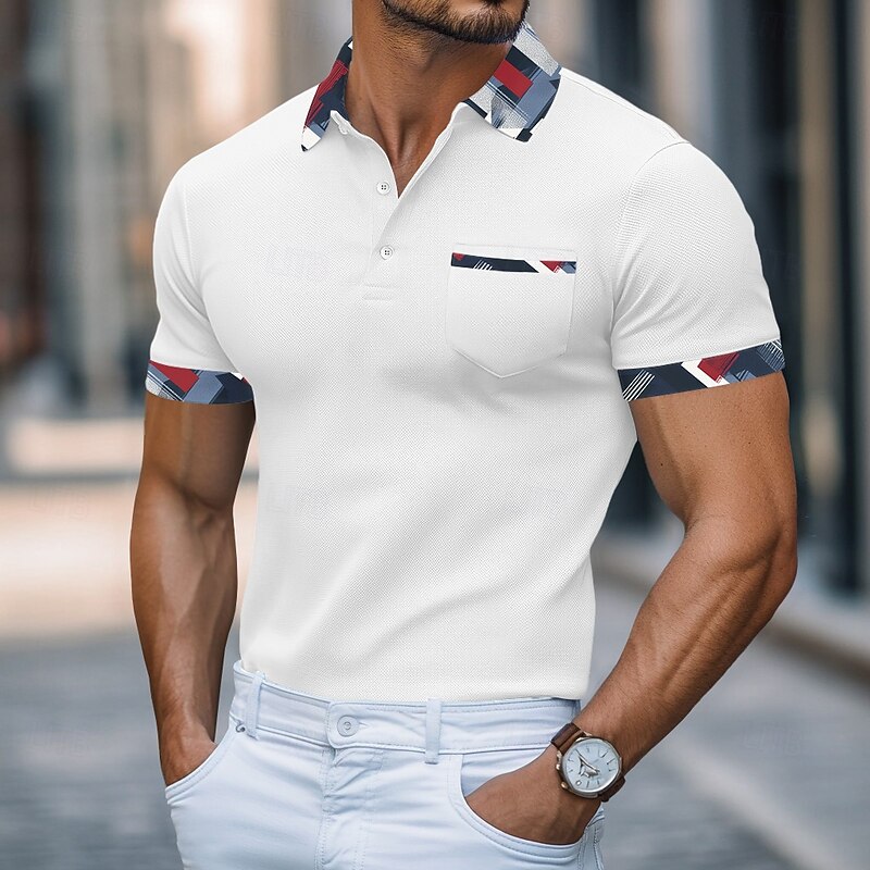 Men's Golf Shirt Pique Polo Shirt Work Business Lapel Ribbed Polo Collar Short Sleeve Basic Modern Color Block Pocket Color Block Summer Spring Slim Fit White Burgundy Navy Blue Light Blue Golf Shirt4