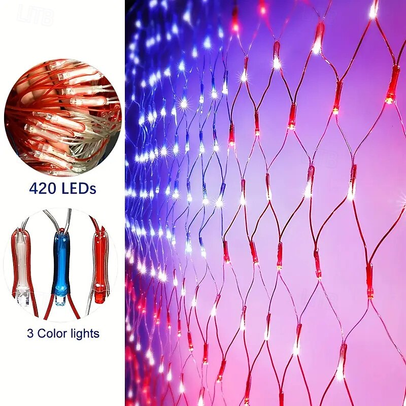 American Flag Mesh Lights 420 LED, Patio Decoration, IP44 Outdoor Decorative Hanging String Lights for Holiday Decor4