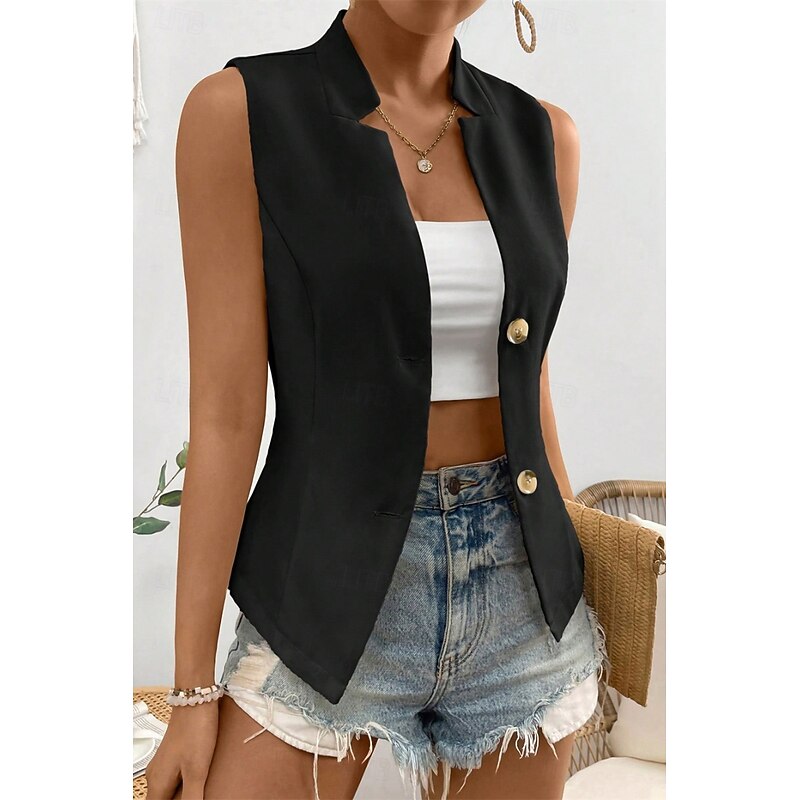 Women's Linen Shirt Blouse Cotton Linen Vest Plain Casual Sleeveless V Neck Regular Tops Daily Going out Buttons Black White Champagne Summer3