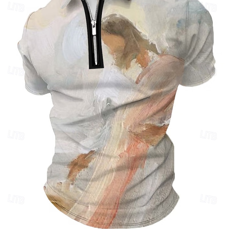 Men's Jesus Zip Polo Short Sleeve Turndown Vintage Outdoor Athleisure Casual Daily Zipper Summer Brown2