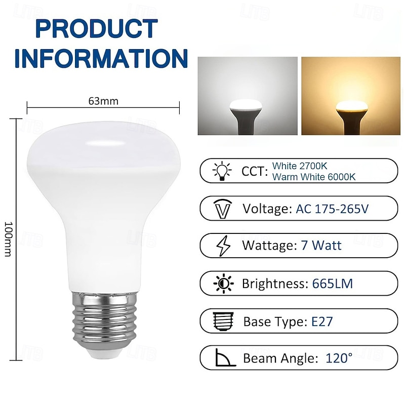 E27 R63 LED Light Bulb 7W 85-265V Bath Bomb Light Mushroom Light 60W Equivalent LED Bulb White Warm White for Home Living Room Bathroom 6Pcs2