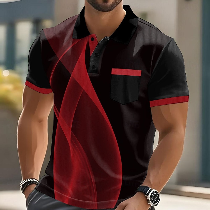 Men's Geometric Line Polo Short Sleeve Polo Shirts Collared Shirts Business Casual Outdoor Athleisure Daily Wear Pocket 3D Print Summer White Red Blue3