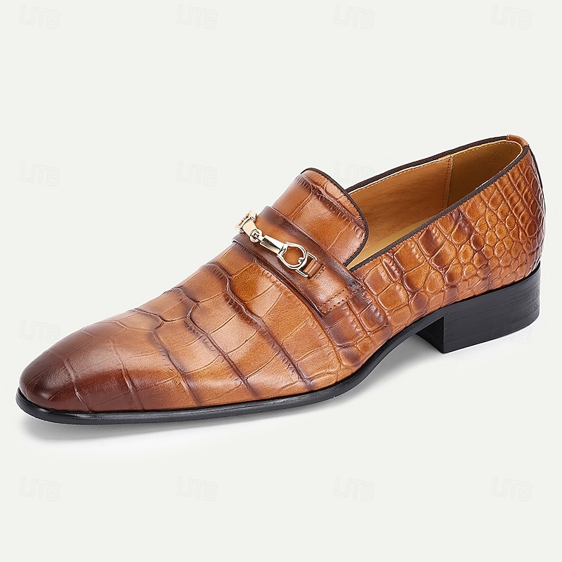 Men's Tan Crocodile Embossed Leather Loafers – Stylish Prom and Banquet Slip-On Dress Shoes with Horsebit Detail2