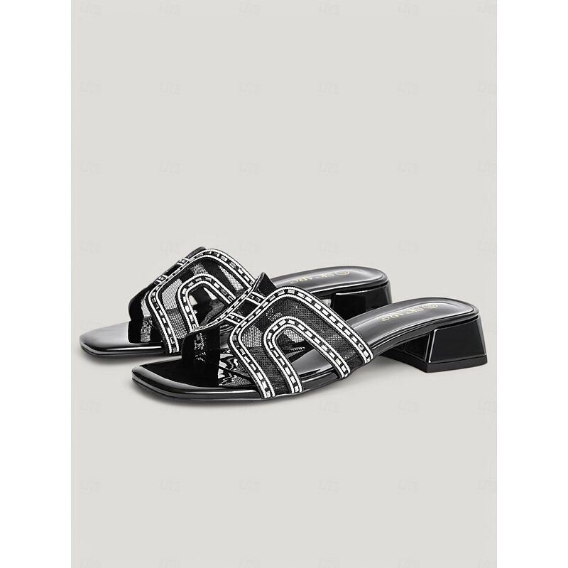 Women's Black Rhinestone Slip-On Kitten Heels – Elegant Low Block Sandals for Everyday Outings and Evening Get-Togethers4