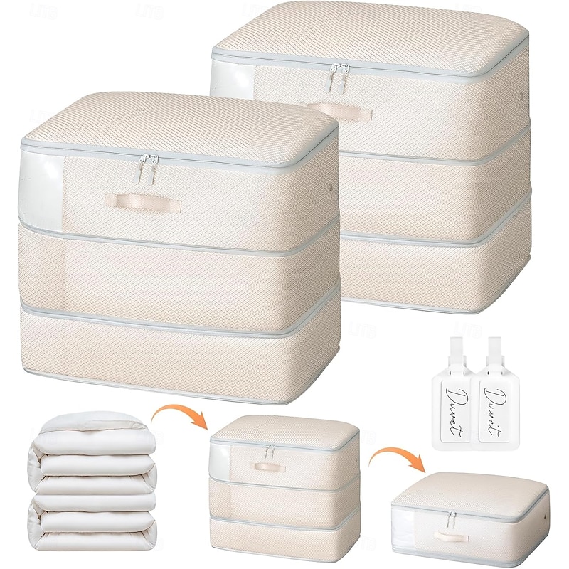 2 Pack Comforter Storage Bag - Large Capacity Blanket Storage Bags 3-Layer Ultra Space Saving Self Compression Organizer Washable Compression Bags for Storage Comforter Blanket 2-Pack Beige