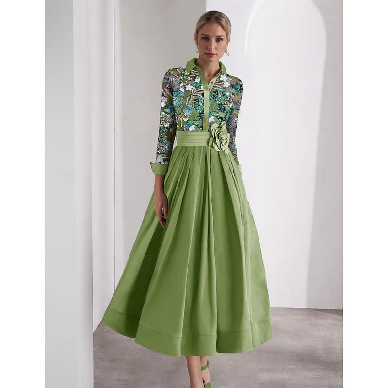 Embroidered A-Line Mother of the Bride Cocktail Dresses Elegant Formal Wedding Floor Length Long Sleeve Shirt Collar Satin with Glitter