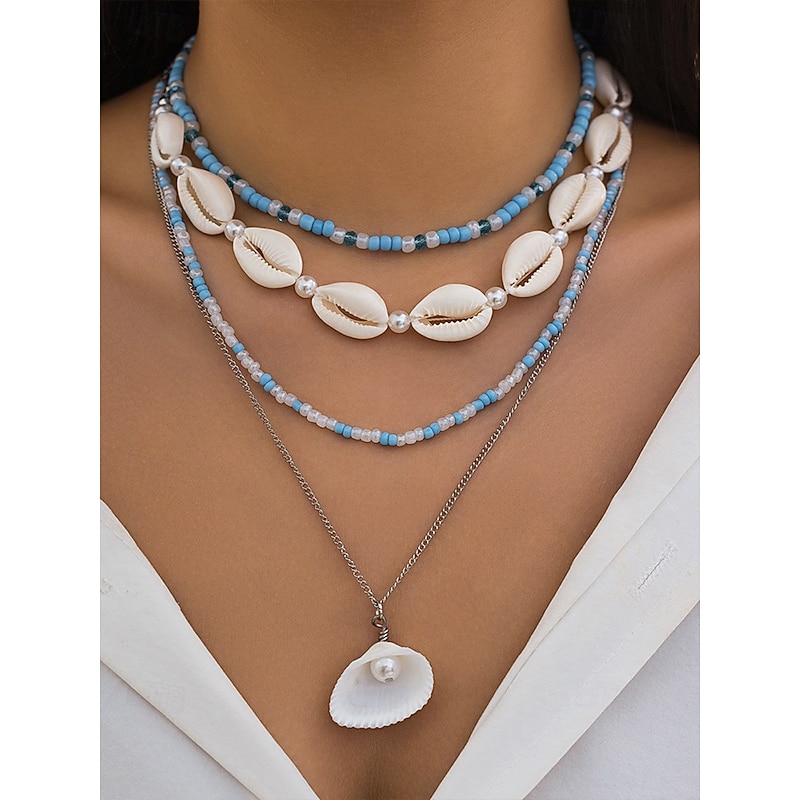 Women's Boho Layered Shell and Bead Necklace Set – Beach-Style Turquoise Pendant and Gold Charms for Summer Vacations and Festivals