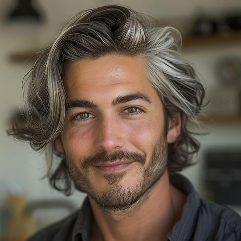 Mens Grey Wigs Short Curly Gray Layered Wig Halloween Cosplay Anime Costume Party