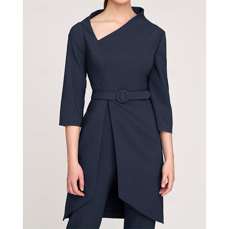 Two Piece Mother of the Bride Pantsuit Simple Minimalist Casual V Neck Ankle Length Crepe 3/4 Length Sleeve with Sash / Ribbon2