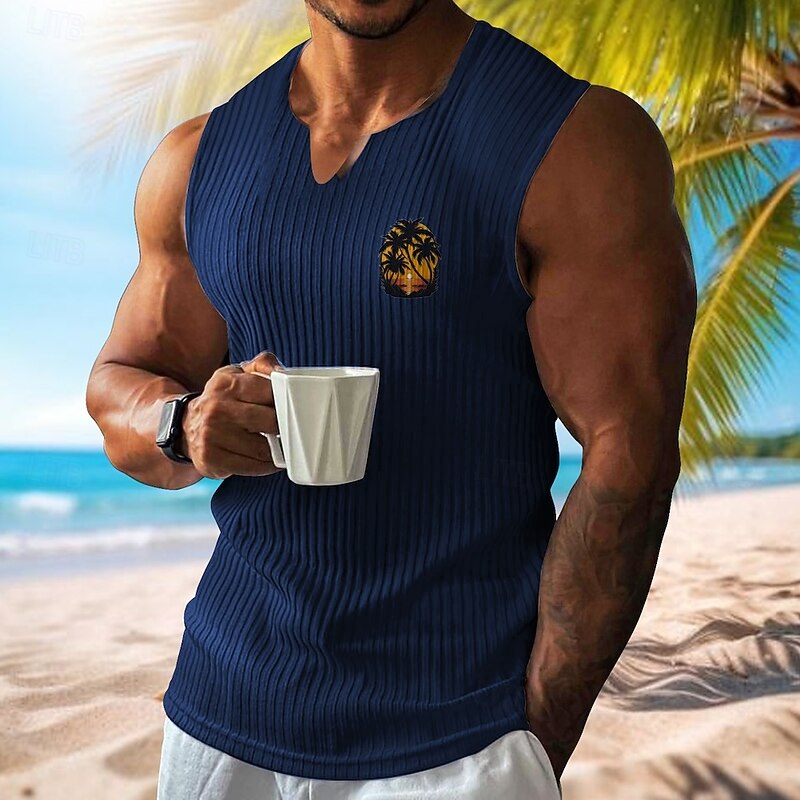 Men's Vest Top Undershirt Sleeveless Shirt Sleeveless V Neck Spring & Summer Pattern Fashion Designer Vacation Street Going out White Wine Dark Navy Top Tee for Men2