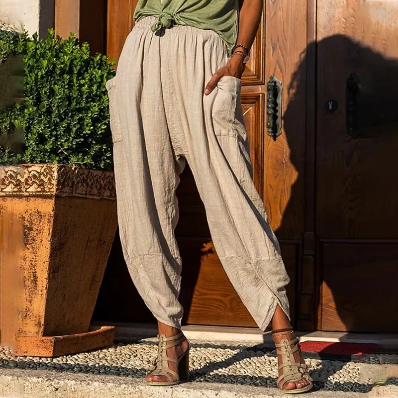 Women's Cotton Linen Pants Slacks Active Casual Full Length Natural Plain Pocket Elastic Waist Outdoor Comfortable Outdoor Daily Apricot Army Green Dark Gray Summer Regular Fit2