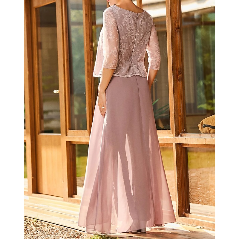 Jumpsuit Mother of the Bride Jumpsuit Elegant Simple Minimalist Crew Neck Floor Length Chiffon Half Sleeve with Lace2