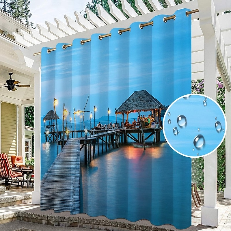 Waterproof Outdoor Curtain Privacy, Sliding Patio Curtain Drapes, Pergola Curtains Grommet 3D Ocean Vacation Landscape For Gazebo, Balcony, Porch, Party, 1 Panel