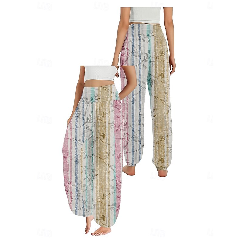Women's Linen-Inspired Pants Wide Leg Pants Trousers Ethnic Style Casual Boho Full Length High Waist Floral Pocket Elastic Waist Printing Breathability Soft Micro-elastic Outdoor Yoga Pink Royal Blue3
