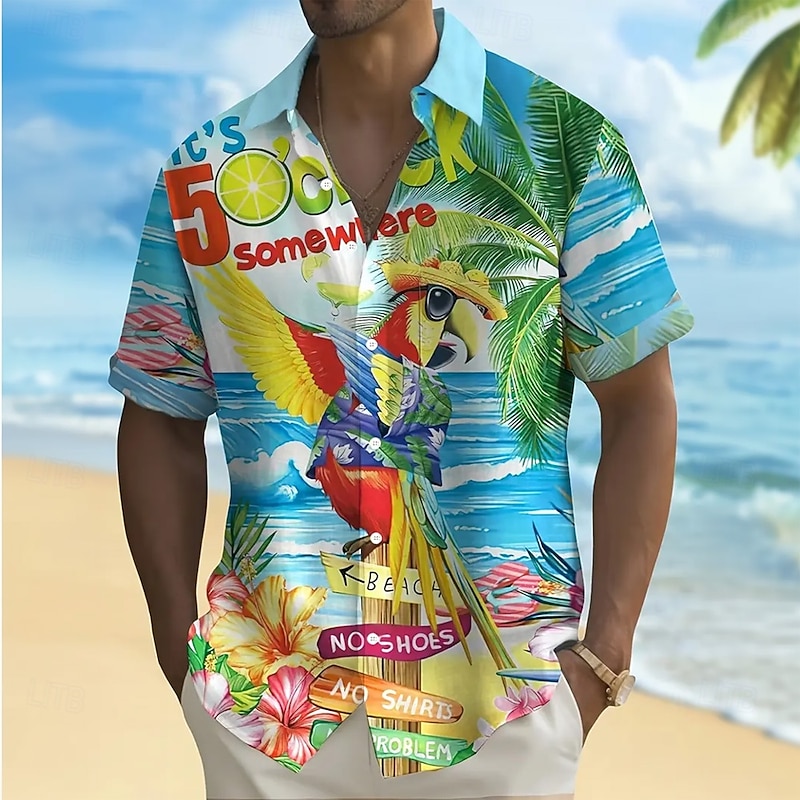 Men's Coconut Tree Funny Parrot Shirt Summer Hawaiian Shirt Button Up Shirt Short Sleeve Hawaiian Vacation Holiday Beach Wear Summer Spring Turndown 3D Print Collared Shirts Front One Pocket Black
