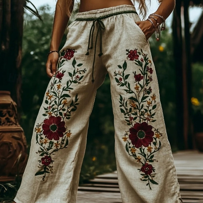 Women's Slacks Casual Boho Full Length Natural Flower Pocket Elastic Waist Printing Comfy Outdoor Comfortable Daily Wear Going out Beige Summer Regular Fit