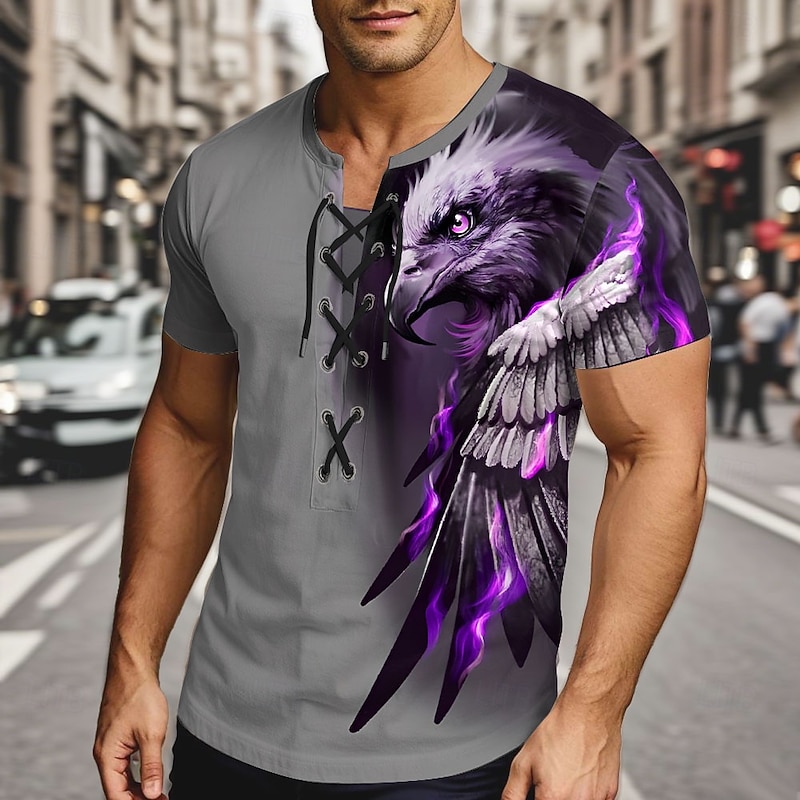Men's Eagle T Shirt Short Sleeve T shirt 3D Print Lace Up Neck Shirt Exaggerated Designer Street Casual Daily Yellow Blue Purple Summer Spring Clothing Apparel S M L XL XXL XXXL3
