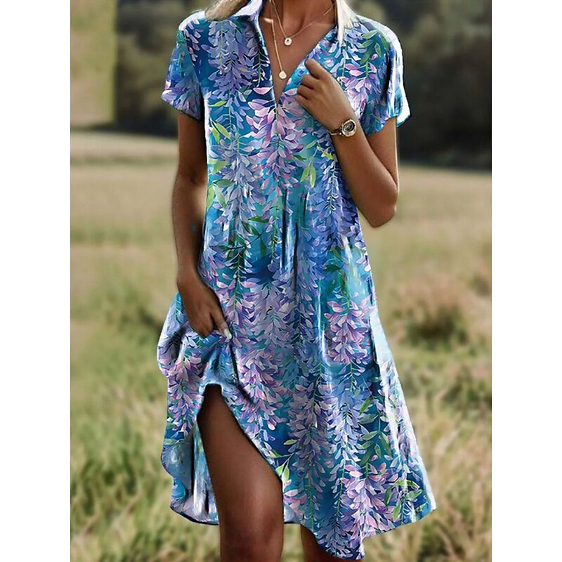 Women's Mini Dress Casual Dress Summer Dress Boho Dress Tribal Vacation Daily Weekend Regular Fit Floral Short Sleeve Shirt Collar Aqua Blue Red Blue Brown Summer