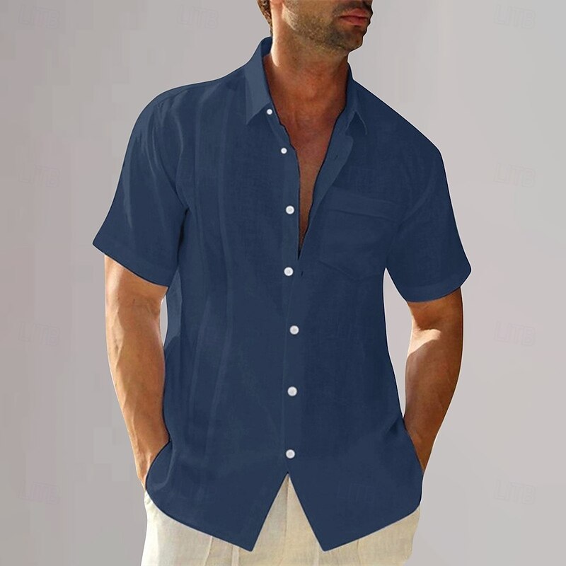 Men's Cotton Linen Shirt Plain Vacation Black White Dark Navy Blue Short Sleeve Turndown Summer Clothing Apparel4