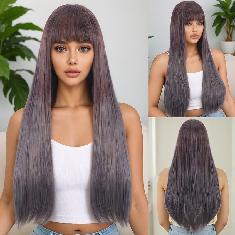 Synthetic Wig Straight kinky Straight Layered Haircut Neat Bang Machine Made Wig 28 inch A1 Synthetic Hair Women's Party Classic Comfortable Gray