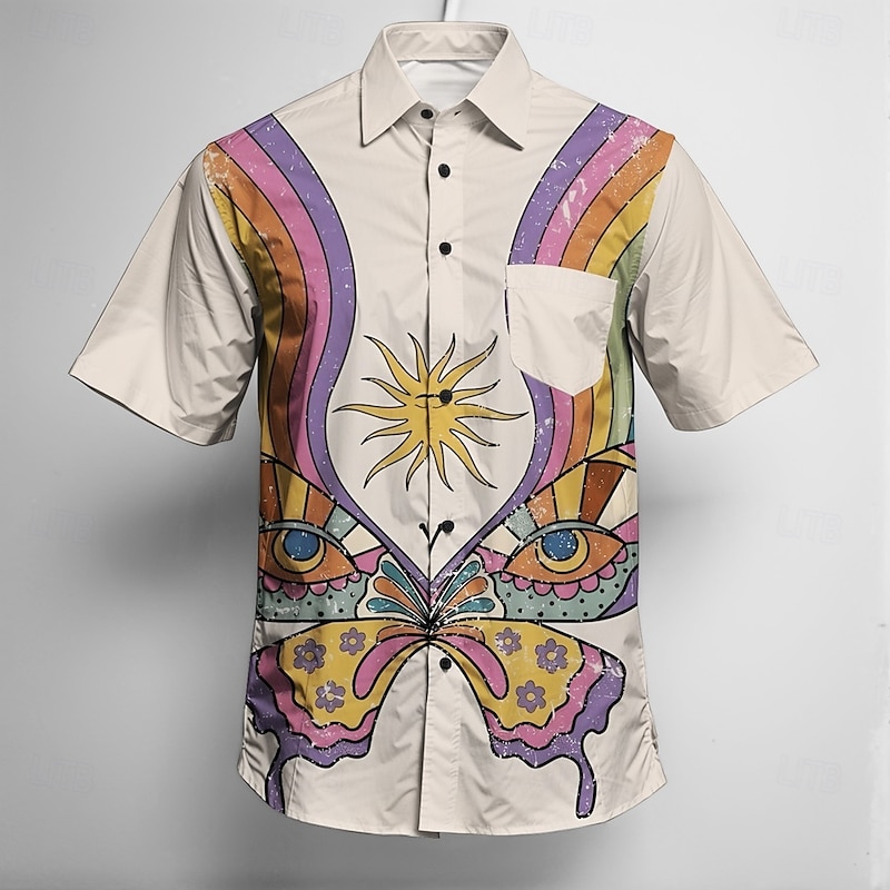 Retro Vintage 1970s Shirt Aloha Shirt Hippie Disco Butterfly Fancy Dress Men's Masquerade Vacation Party Pride Parade Adults' Shirt