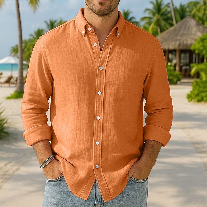 Men's Cotton Linen Shirt Solid / Plain Color Vacation Black White Pink Dark Navy Long Sleeve Lapel Clothing Apparel Button-Down4