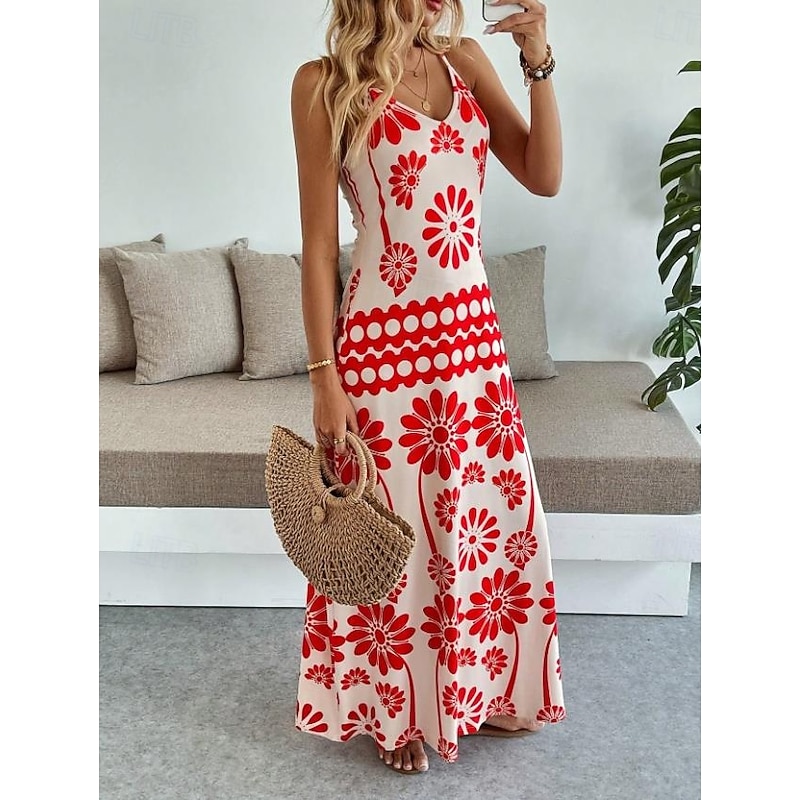 Women's Maxi Dress A Line Dress Slip Dress Vacation Casual Boho Party Going out Standard Fit Floral Graphic Sleeveless V Neck Orange red Black Blue Green Summer Spring