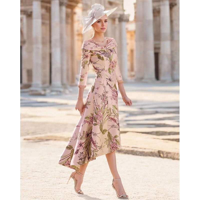 A-Line Mother of the Bride Dress Wedding Guest Elegant Vintage V Neck Ankle Length Satin  Short Sleeve with Flower Race Day Dress Wedding Guest Dress