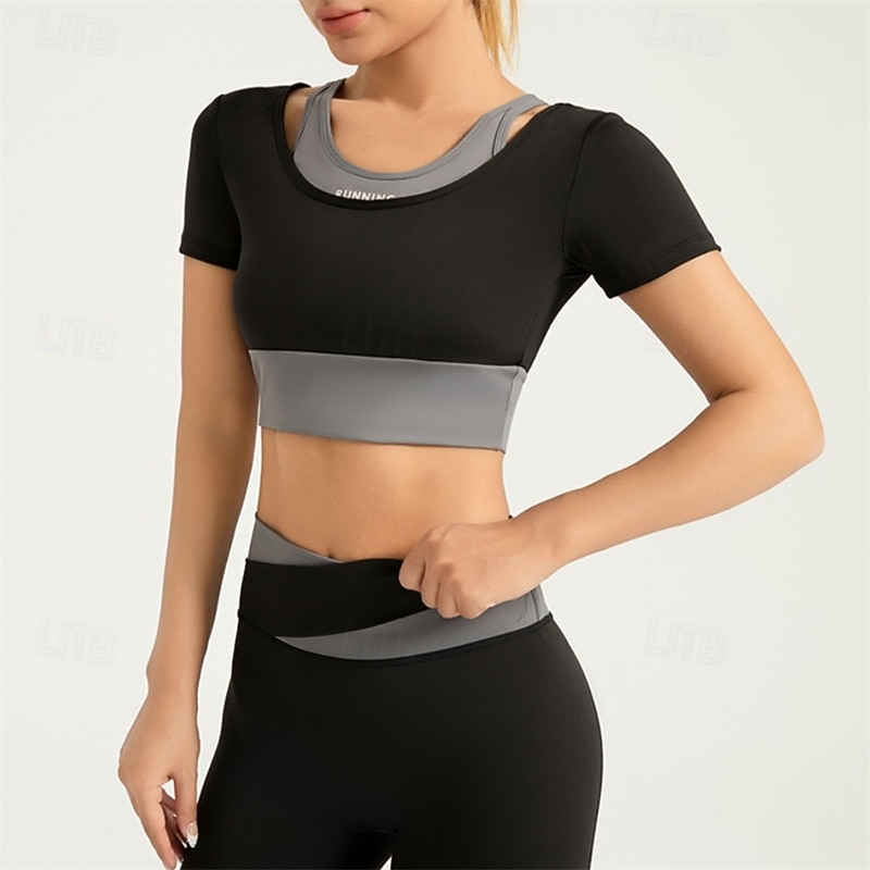 Women's Yoga Top Scoop Neck Breathable Patchwork Short Sleeve Sports Solid Color Tee Tshirt Top For Running Fitness Yoga Loose Fit Activewear2