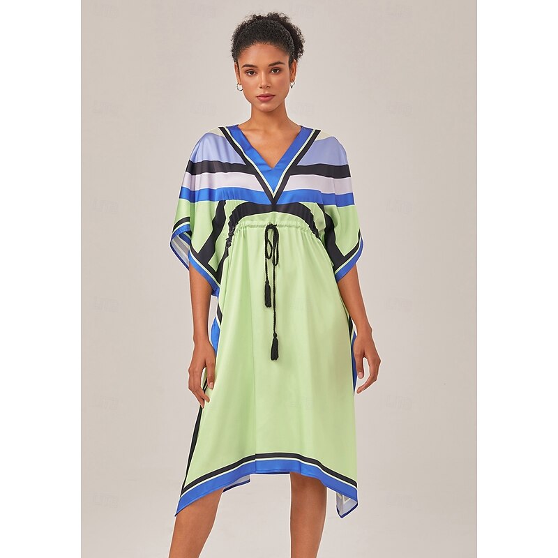 Loose drawstring dress in satin geometric pattern