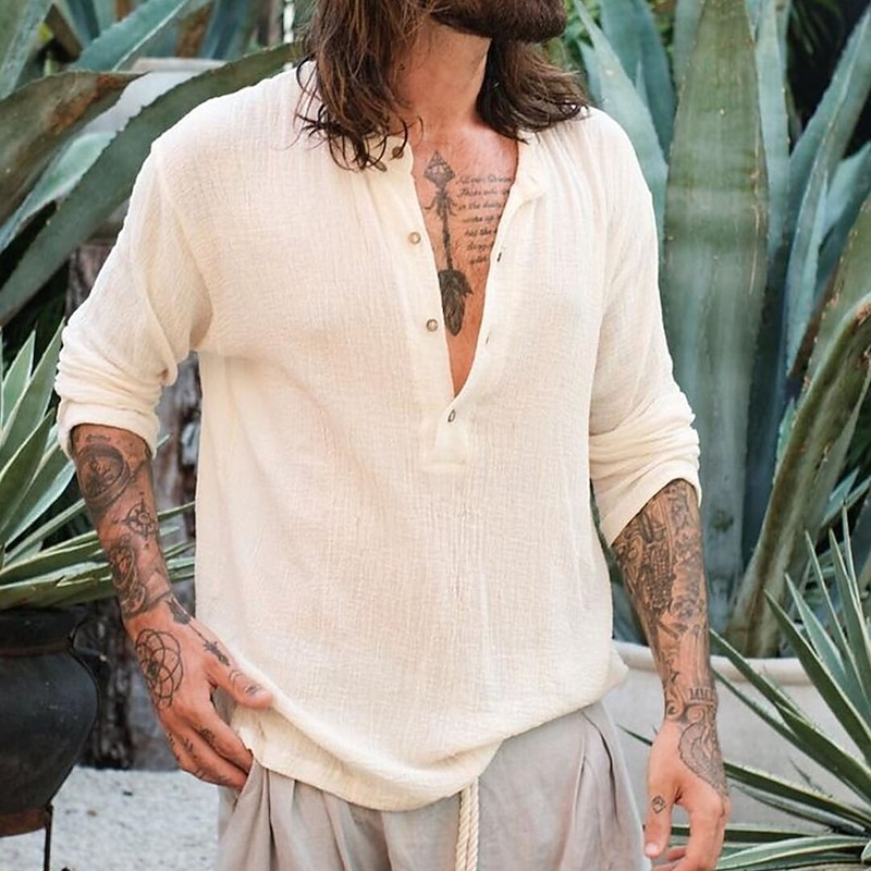 Men's Shirt Linen Shirt Band Collar Shirt Popover Shirt Summer Shirt Beach Wear Solid Color Vacation Street Apricot Long Sleeve Summer Spring Clothing Apparel Buttons