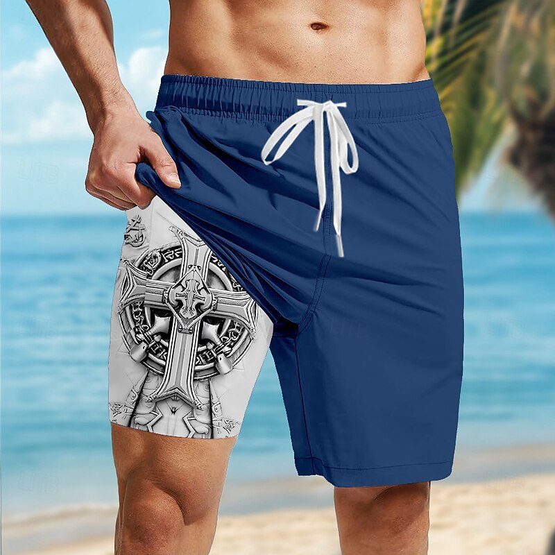 Men's Gothic Horror Dark Celtic Cross Lined Shorts 2 in 1 Board Shorts Swim Shorts Mid Waist Hawaiian Retro Vintage Holiday Streetwear Side Pockets With Compression Liner Elastic Drawstring Waist2